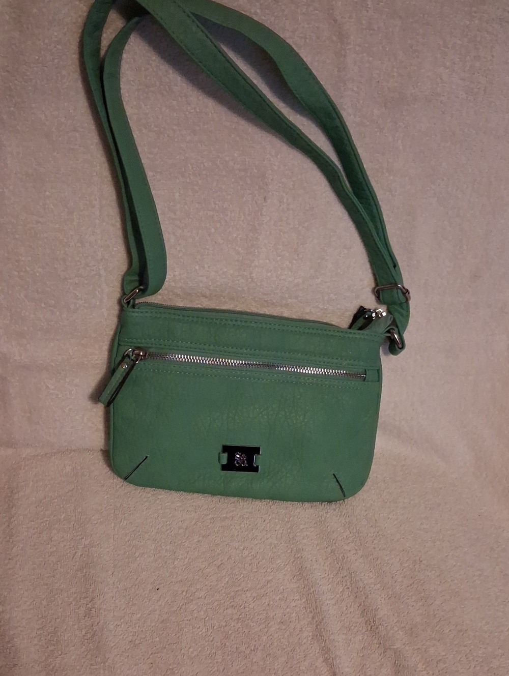 Green Faux Leather Crossbody with Front Zip Pocket and Adjustable Strap